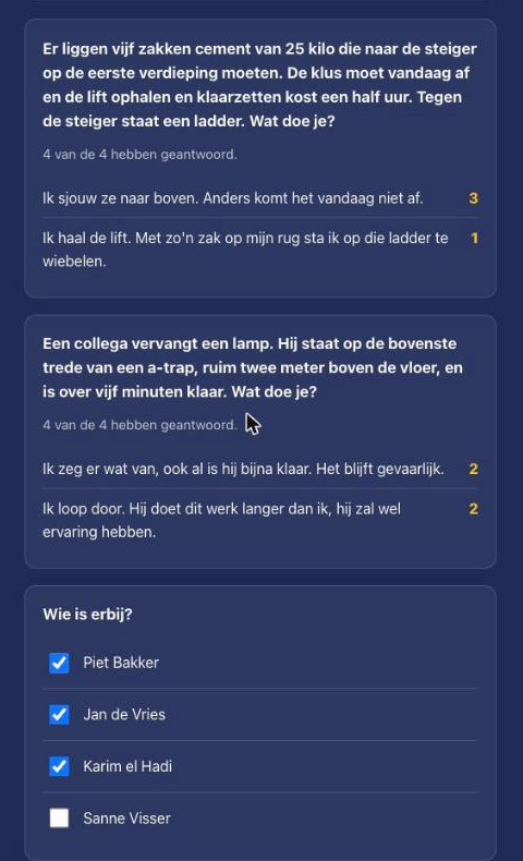 Het ploegleidersscherm met antwoordverdeling en presentielijst